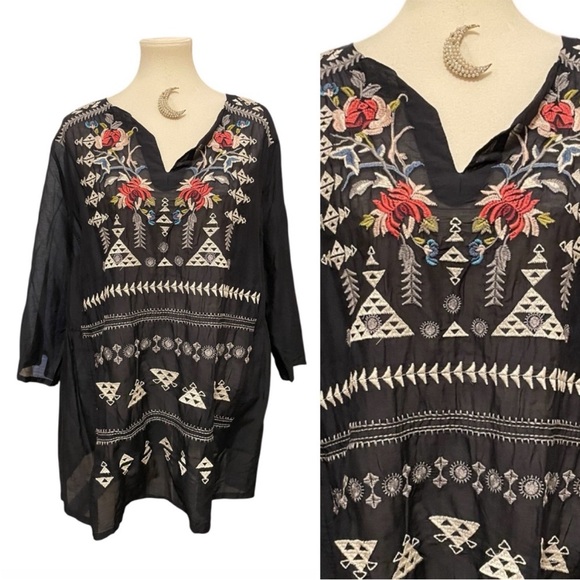2X Johnny Was 3JW Flowers & Geometric Embroidered Black 3/4 Sleeve Top Tunic NWT - Picture 10 of 16